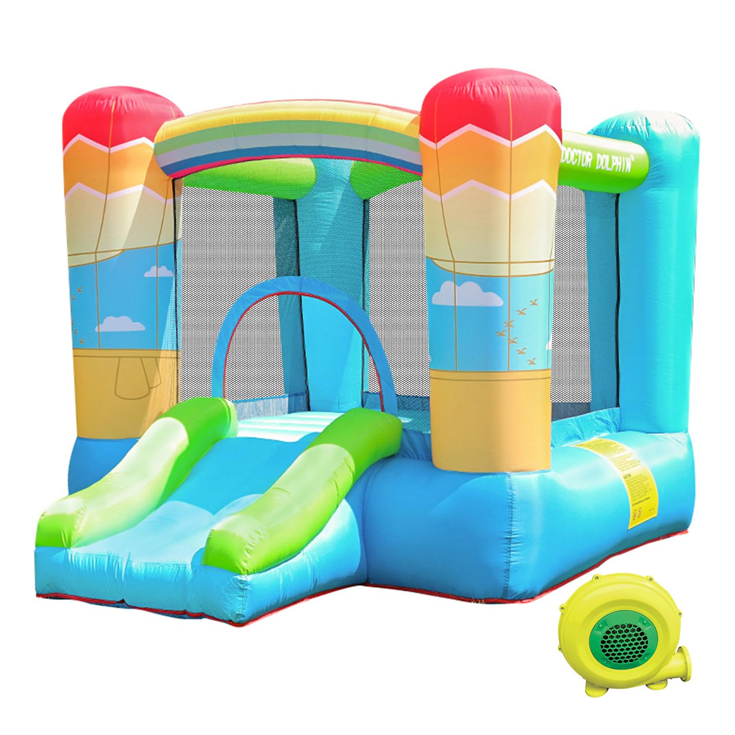 Doctor Dolphin Inflatable Bounce House for Kids, Bouncy House with Blower Indoor Outdoor, Inflatable Bouncer for Kids Party (Hot-air Balloon Theme)