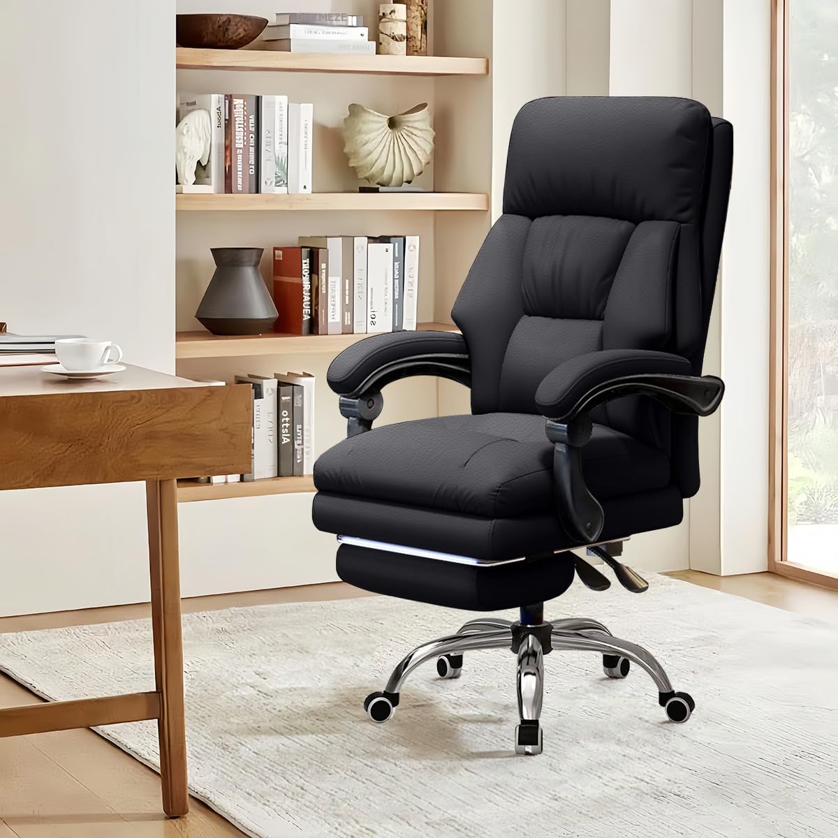 Silla de Oficina con Reposapiés, Silla de Oficina Ejecutiva de Respaldo Alto de Cuero con Ruedas, Sillas de Escritorio Ergonómicas con Soporte Lumbar para Oficina en Casa