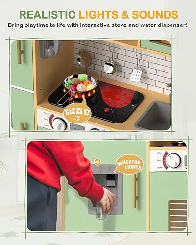 Miniatura 3 de Babytronic Juego de cocina de madera para niños, cocina interactiva con luces y sonidos, juego de cocina para niños con grifo, horno, microondas,