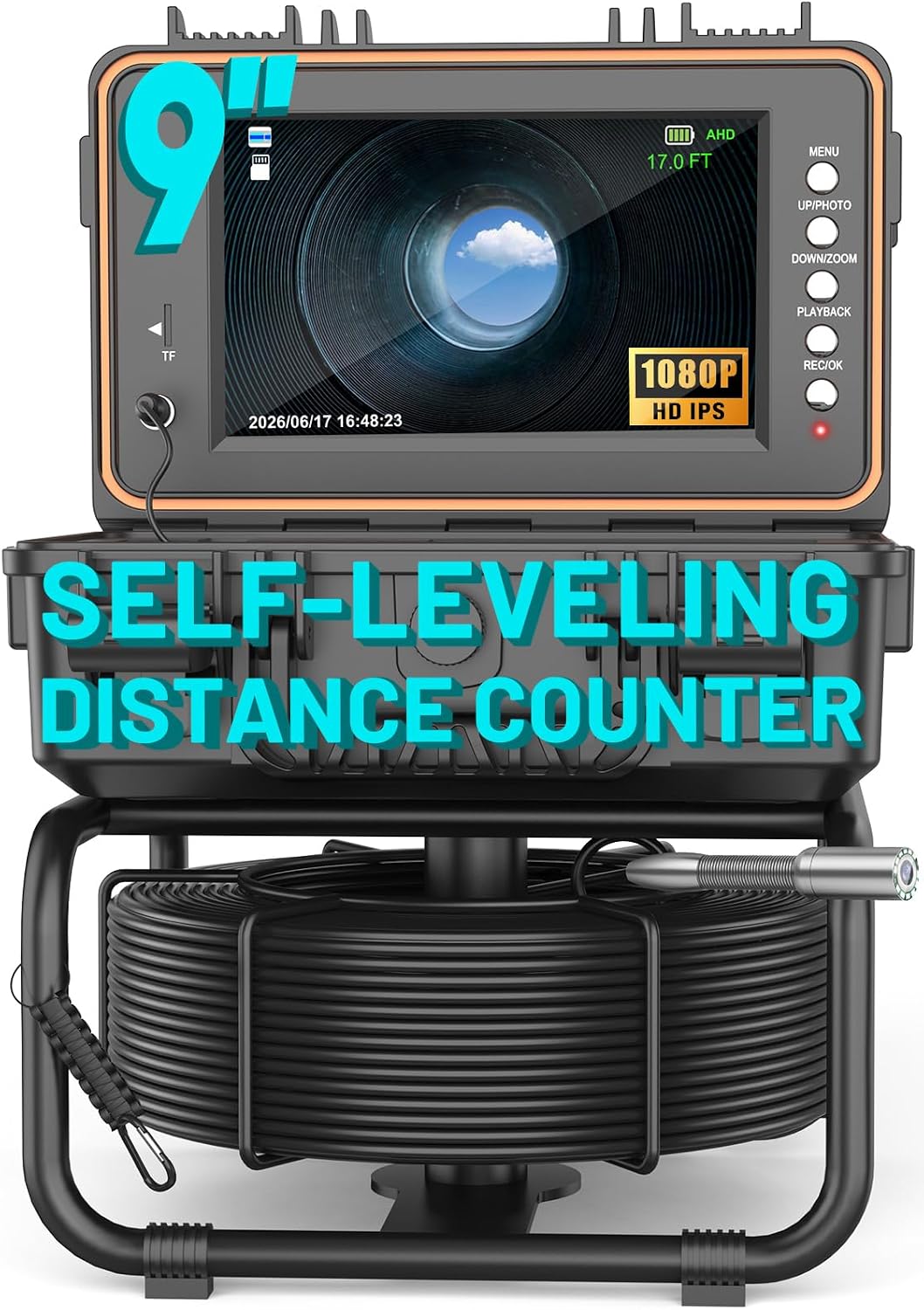 Anysun Sewer Camera Self Leveling 165ft, Sewer Inspection Camera with Distance Counter, HD Screen, DVR, 12 Adjustable LED Lights, 5mm Cable, 5100mAh Rechargeable Battery, 32GB Card