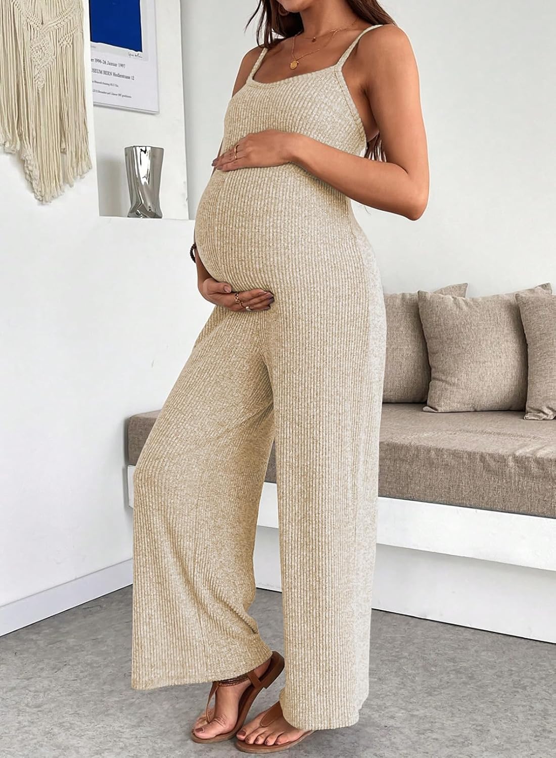 BLENCOT Maternity Ribbed Jumpsuit Sleeveless Square Neck Wide Leg Stretchy One Piece Romper