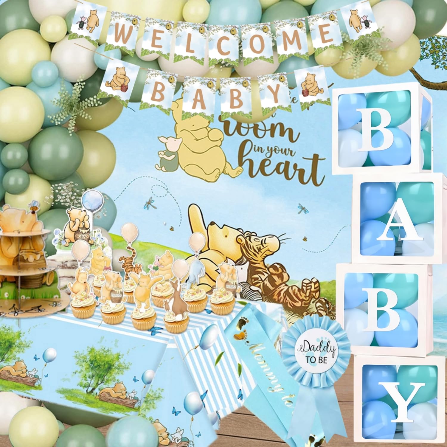 164PCS Blue Winnie Baby Shower Decorations For Boy Classic Pooh Birthday Decorations Supplies Package Include Balloons Backdrop Cake Topper Cupcake