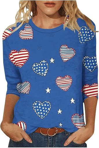 Patriotic Shirts for Women 3/4 Sleeve Crewneck American Flag Print Tees 4th of July Top Causal Summer Graphic Blouse