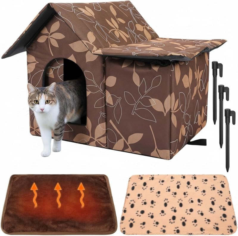 Casa para Gatos Externa Impermeável com Manta Autoaquecida e Cobertor, Dansydaisy – Folhas, Conjunto com 3 Peças