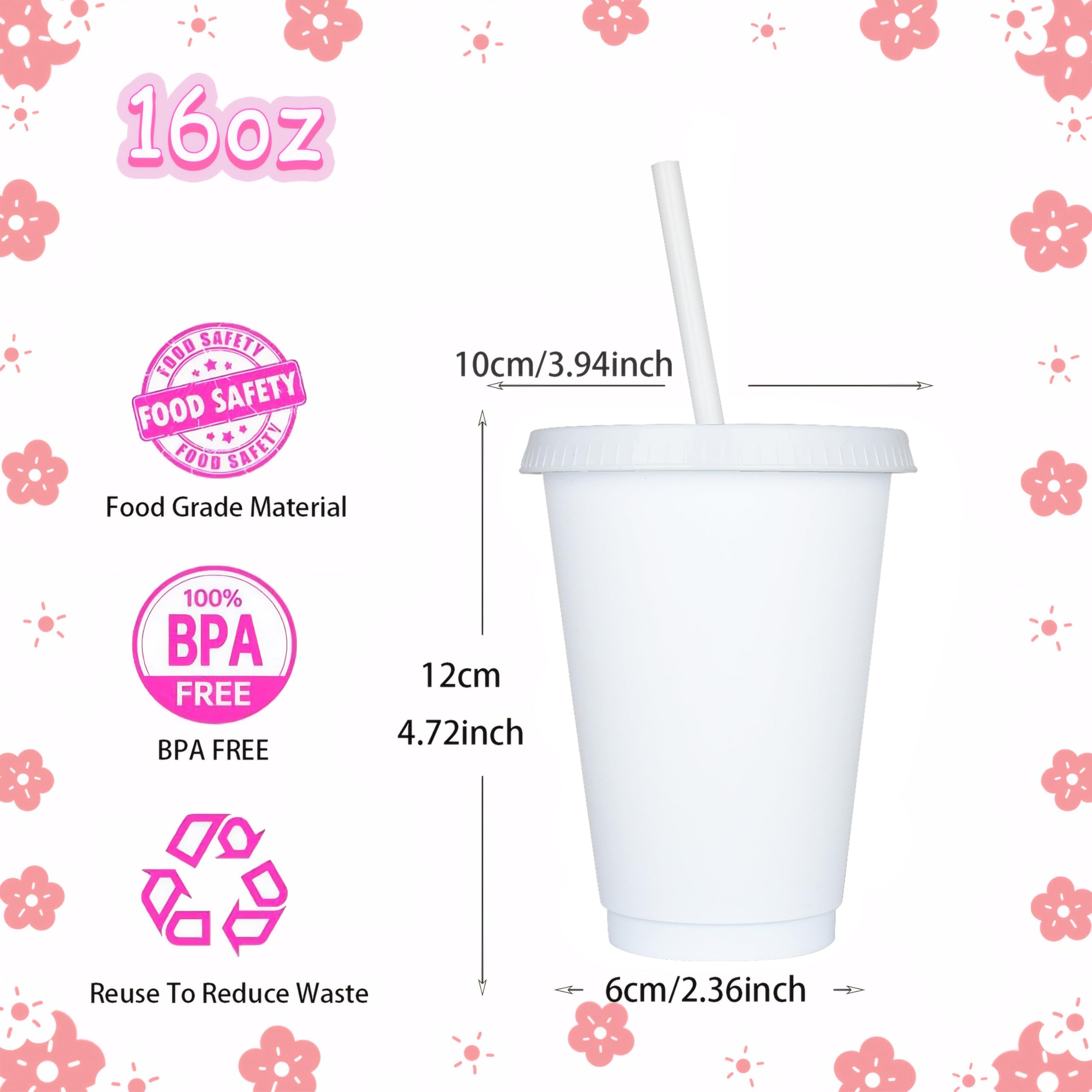 Yisituo 480ml Reusable Plastic Cups, 15 Pack of Kids Tumbler with Lid and Straw, for Cold Drinks Iced Coffee - Image 2
