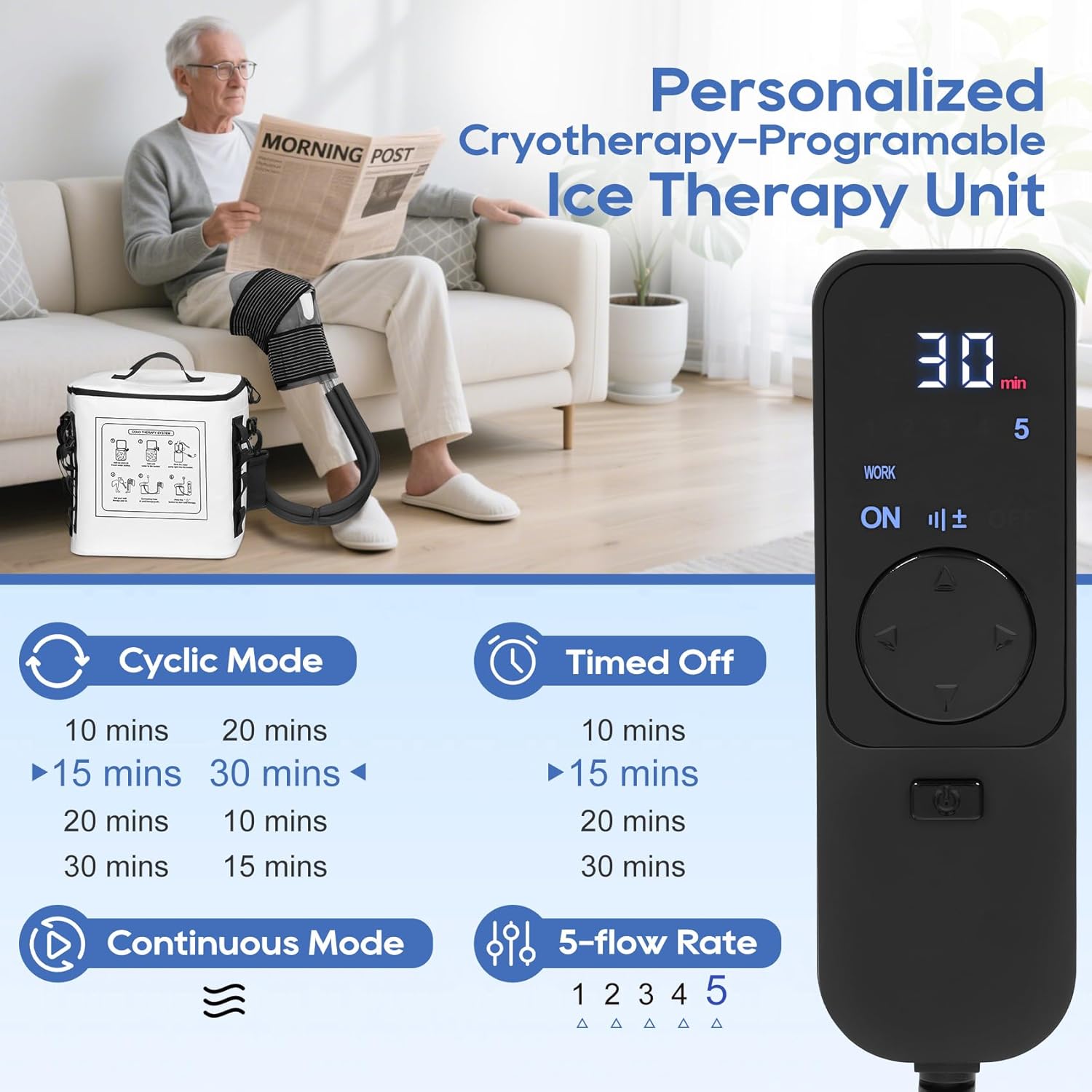 Ice Therapy Machine with Programable Timer & Cold Compress Pads for Knees, Shoulders, Portable Knee Ice Machine for Knee Replacement, Cycle/Timed/Continuous Working Modes, 5 Icing Intensity