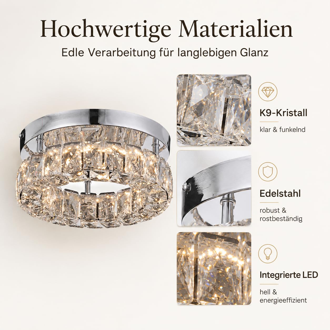 9.8" Kristall Deckenleuchte Led Dimmbar 16W mit Fernbedienung | 25 cm runde small Kristall LED-Deckenleuchte mit 16W, einstellbarer Helligkeit und Lichtfarbe