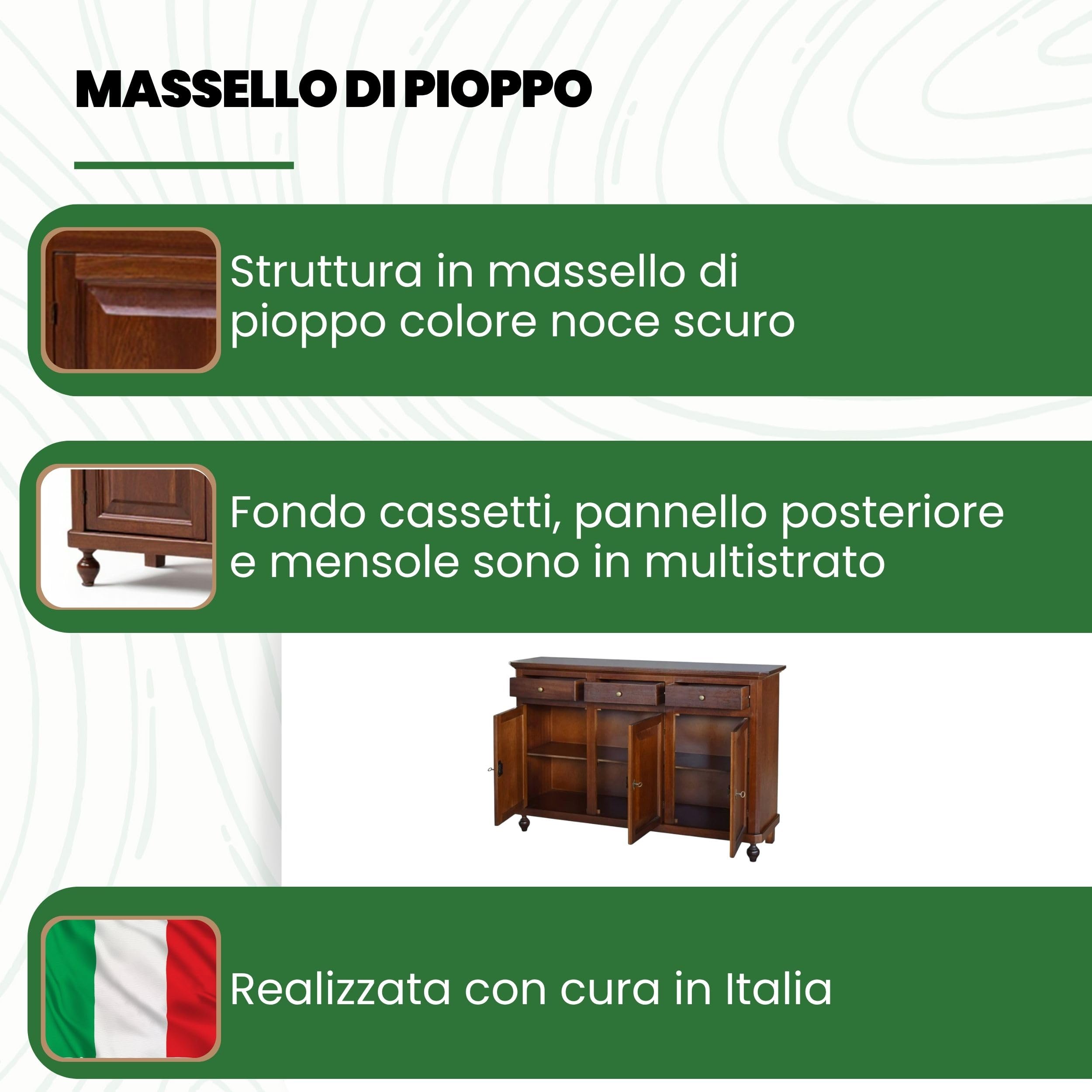 Mar.c.a. Design - Credenza Arte Povera con 3 Ante e 3 Cassetti - Madia Legno 150x43x98 cm con Piedini Made in Italy
