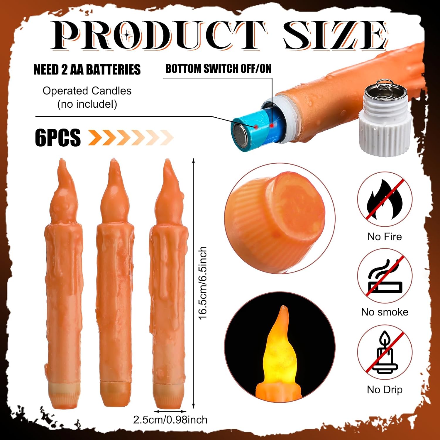 Baquler 6 Pcs Short Thanksgiving Flameless Candles Vintage Fall Real Wax Hand Dipped 6.5 Inch Orange Taper Candles Battery Operated LED Candlesticks for Autumn Thanksgiving Dinning Table Home Party