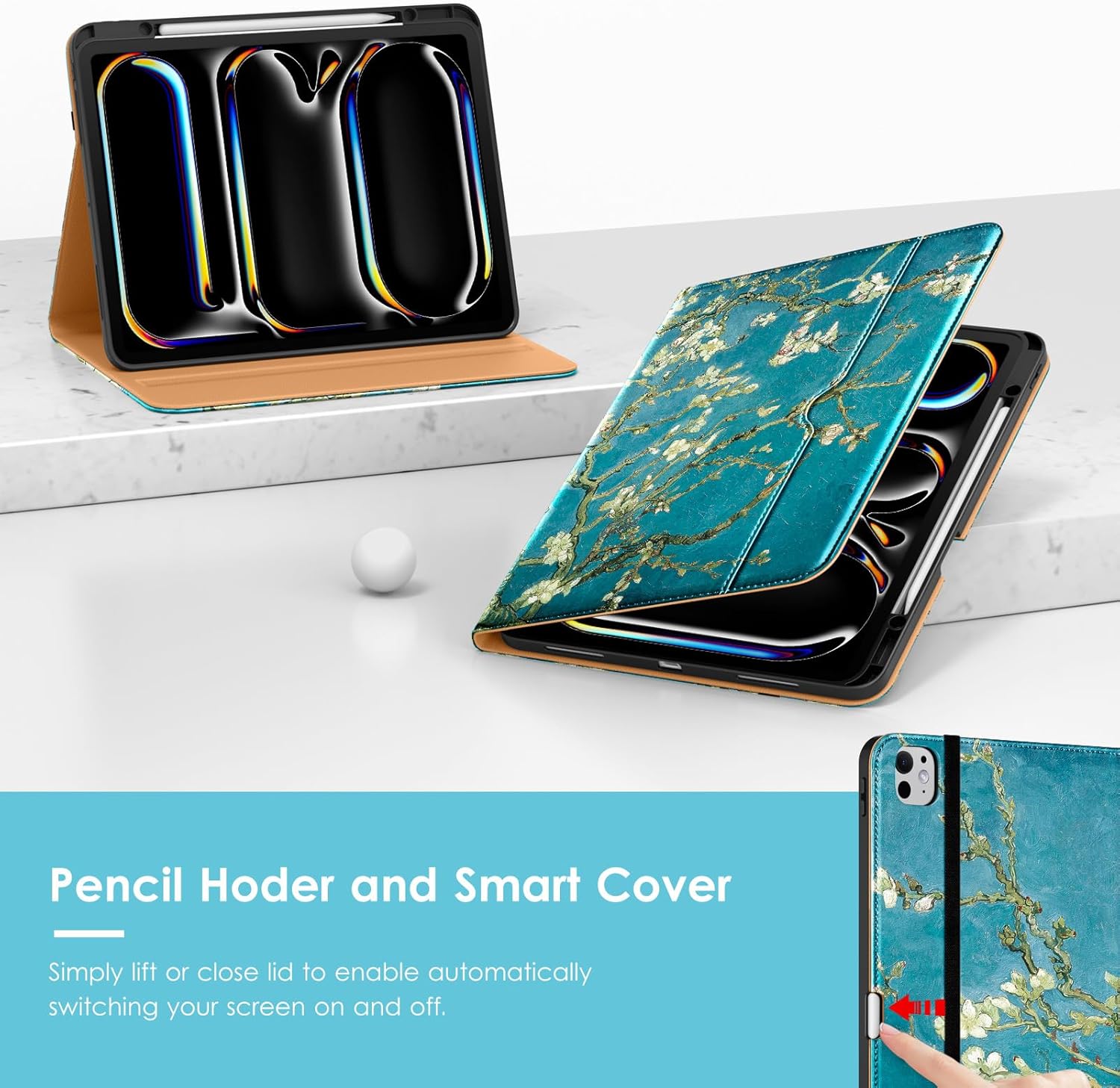 VIKESI Case for iPad Pro 13-inch M5 or M4 Released in 2025 or 2024, Leather Stand Cover with Apple Pencil Holder, Auto Wake/Sleep, Multiple Viewing Angles, Built in Hand Strap & Pocket,Blossom