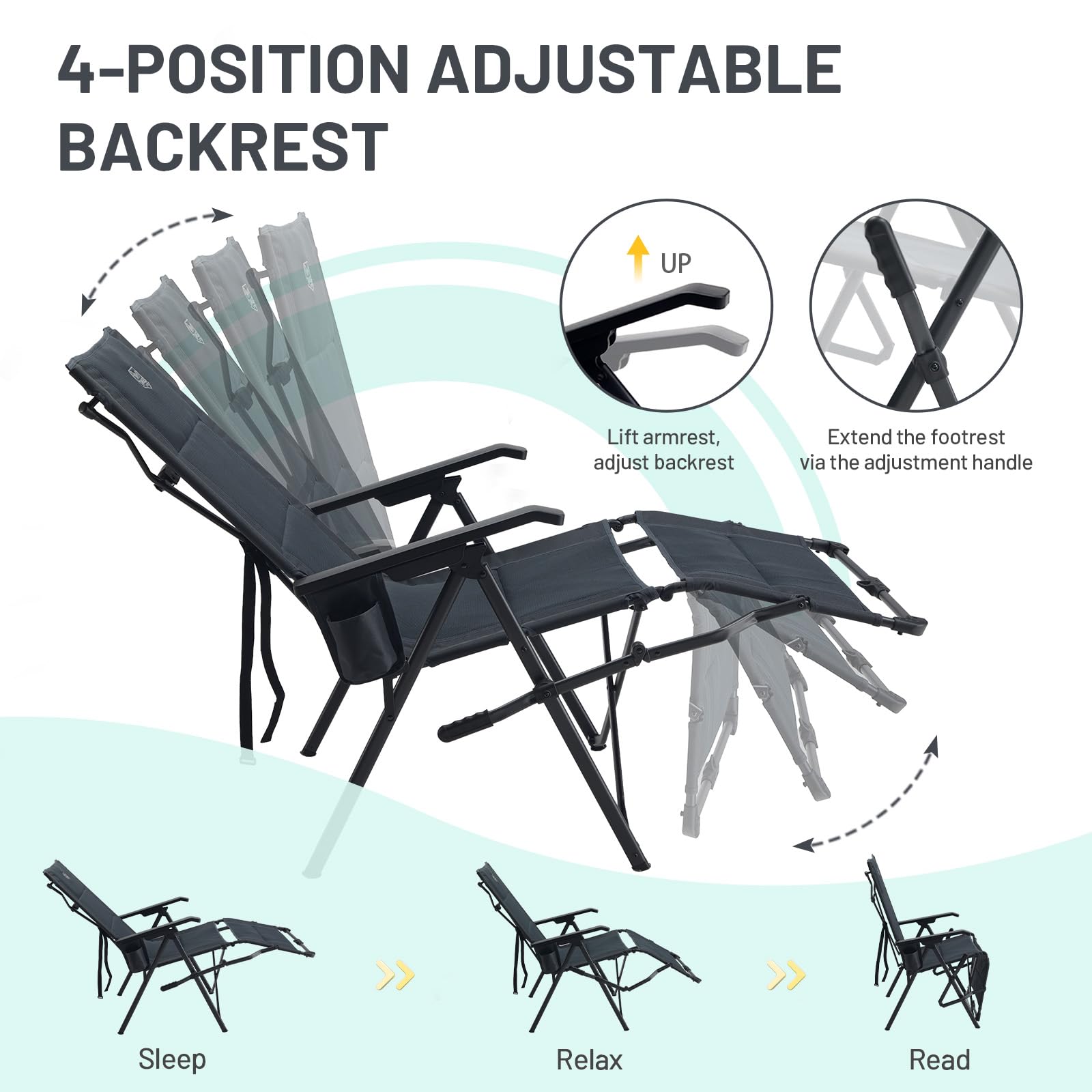 TIMBER RIDGE Silla de camping plegable en 4 posiciones, respaldo ajustable con reposapiés, asiento acolchado plegable, 150 kg, tumbona de jardín para camping, jardín, balcón, autocaravana