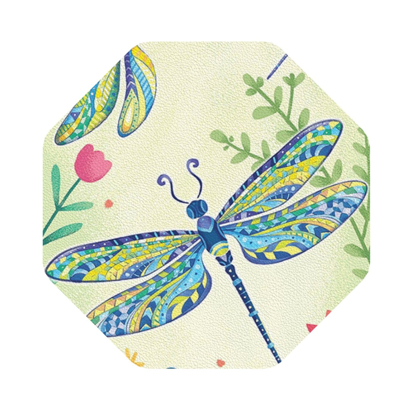 Dragonflies and Flowers PU Leather Coasters Set of 6 Octagon Drink Coasters