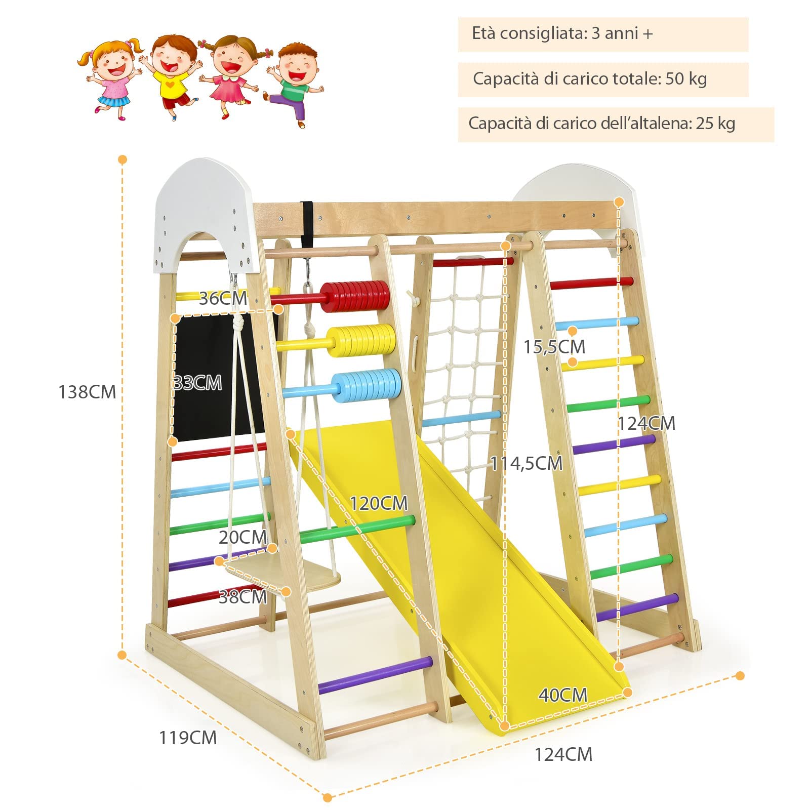 RELAX4LIFE 8 in 1 Triangolo da Arrampicata Multifunzione, Parco Giochi in legno Massello con Scivolo, Altalena e Lavagna, Uso Interno, per Bambini 1 a 5 anni (Modello 3 Colorato)