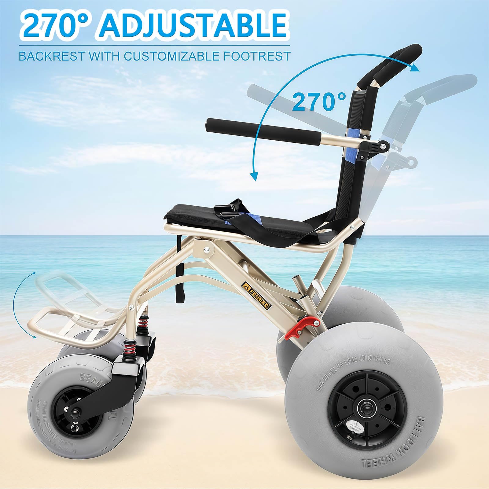 Silla De Ruedas para La Playa, Silla De Ruedas Todoterreno Ligera para Personas Mayores Y NiñOs, NeumáTicos De Globo De 12" Y 9", DiseñO Plegable, para Acceso A Playas