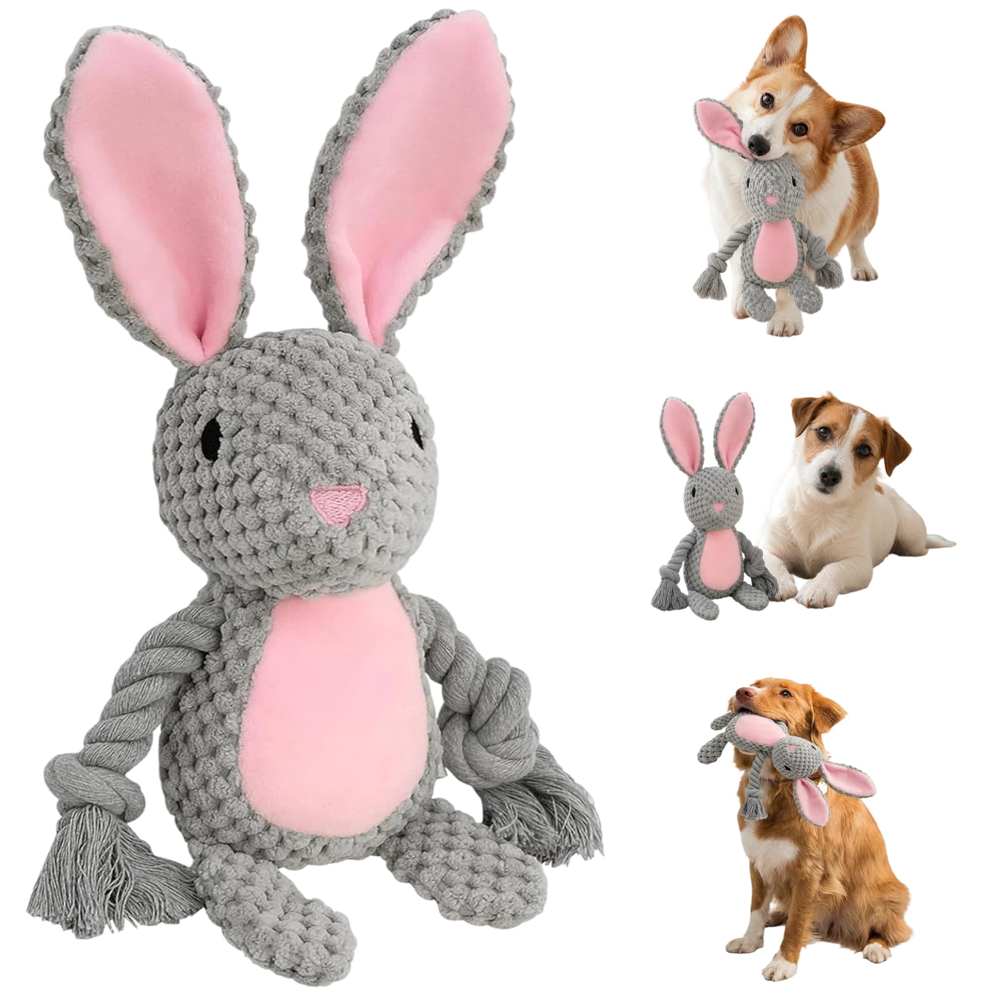 RARITYLL Puppy Chew Toys, Dog Soft Toy – Grey Rabbit Plush with Cotton Rope, Squeaky and Crinkle Interactive Tug Toy for Small Medium Large Dogs, Puppies, Rabbit Toys