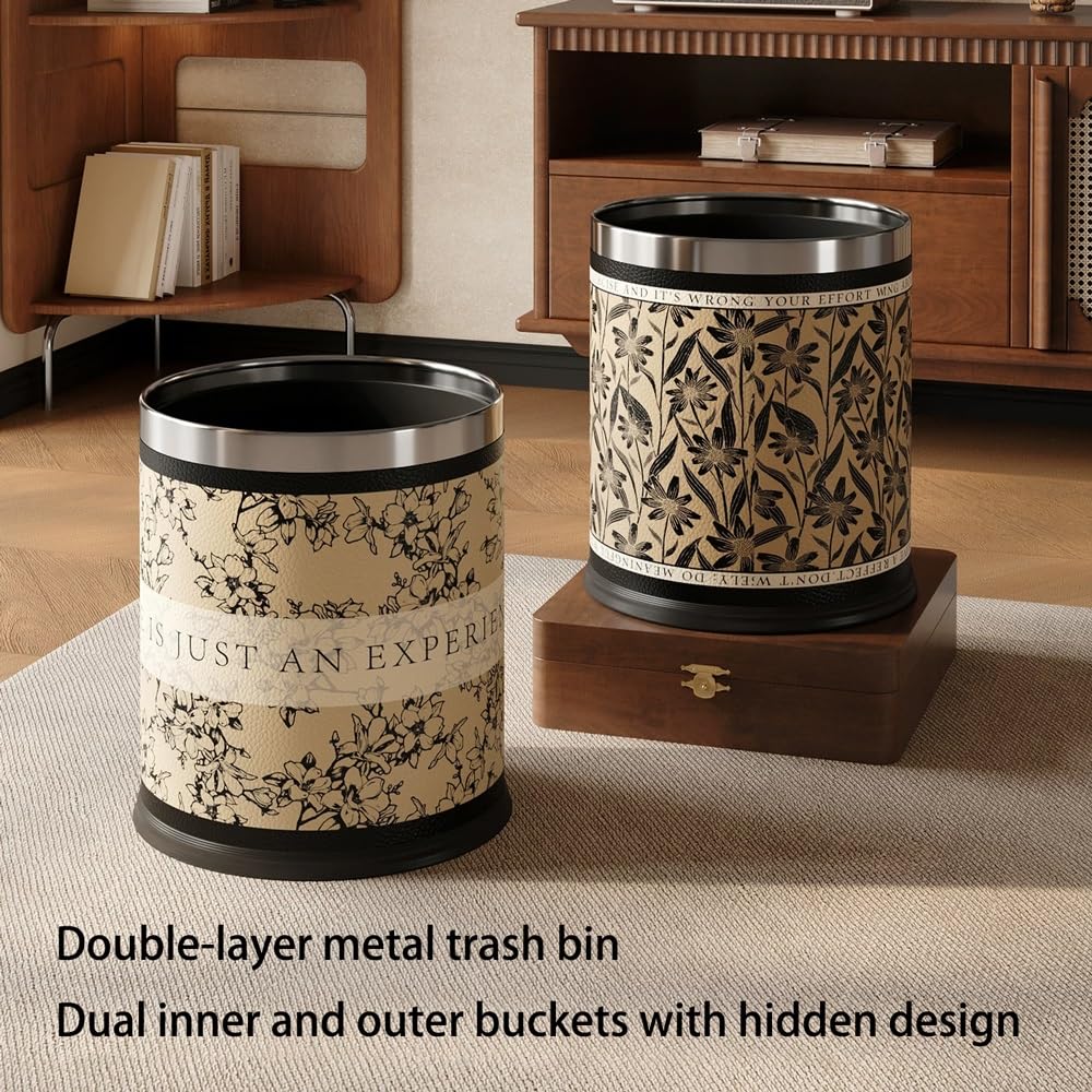 Decorative Metal Wastebasket, Open Top Trash Can Covered with Leather, Hide The Garbage Bag, for Bathroom, Living Room, Bedroom, Office(10L)