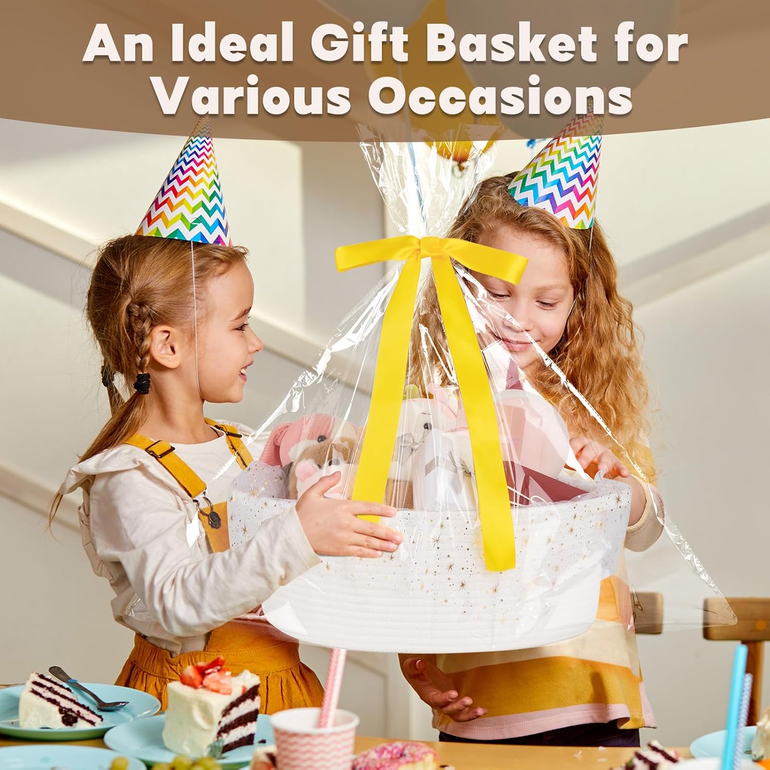 OIAHOMY Large Gift Basket Empty 17" x 12.6" x 7", Storage Basket with Gift Bag, Ribbon and Glitter Tulle for DIY Anytime, Toy Storage for Kids, Dogs with Handles in A Stylish Design - White - Image 5