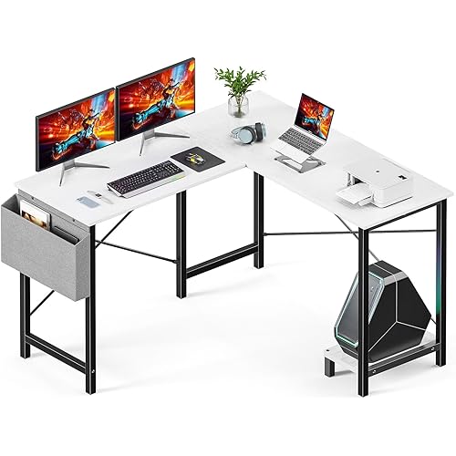 DUMOS L Shaped Desk Computer Gaming Corner Table 50 Inch Home Office Writing Student Work PC Workstation with Side Storage Bag CPU Stand for Bedroom Small Spaces