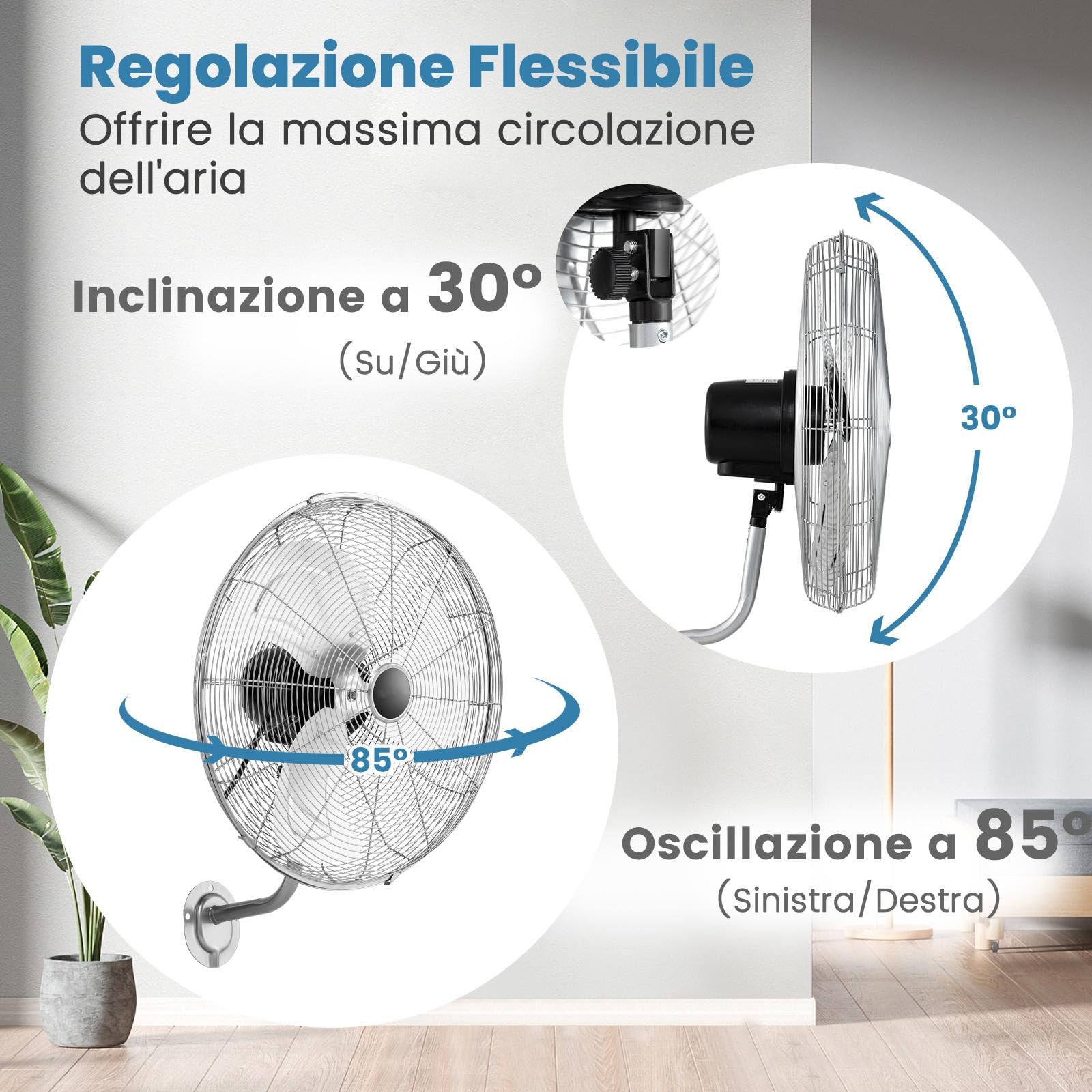 RELAX4LIFE Ventilatore da Parete Industriale 120W, Ventola Oscillante Automatica, 3 Velocità Regolabili, Ventilatore Elettrico con Struttura Metallica, Regolare con Manopola (Argento)