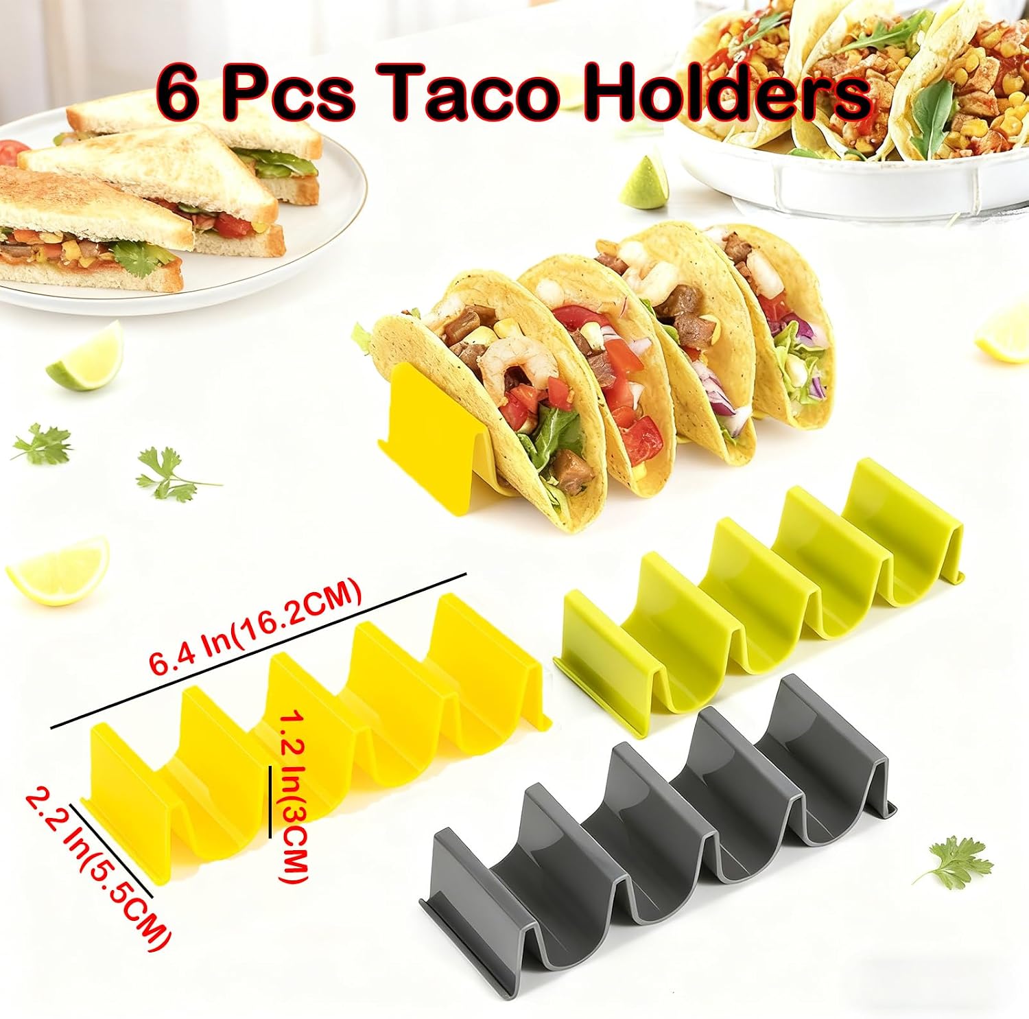 6 Pack Taco Holders, Reusable Taco Stands Holder Hold 4 Tortillas Each, Colorful Taco Stand Party Taco Rack Sturdy Taco Trays Soft/Hard Shells Tacos Holder, Dishwasher & Microwave Safe