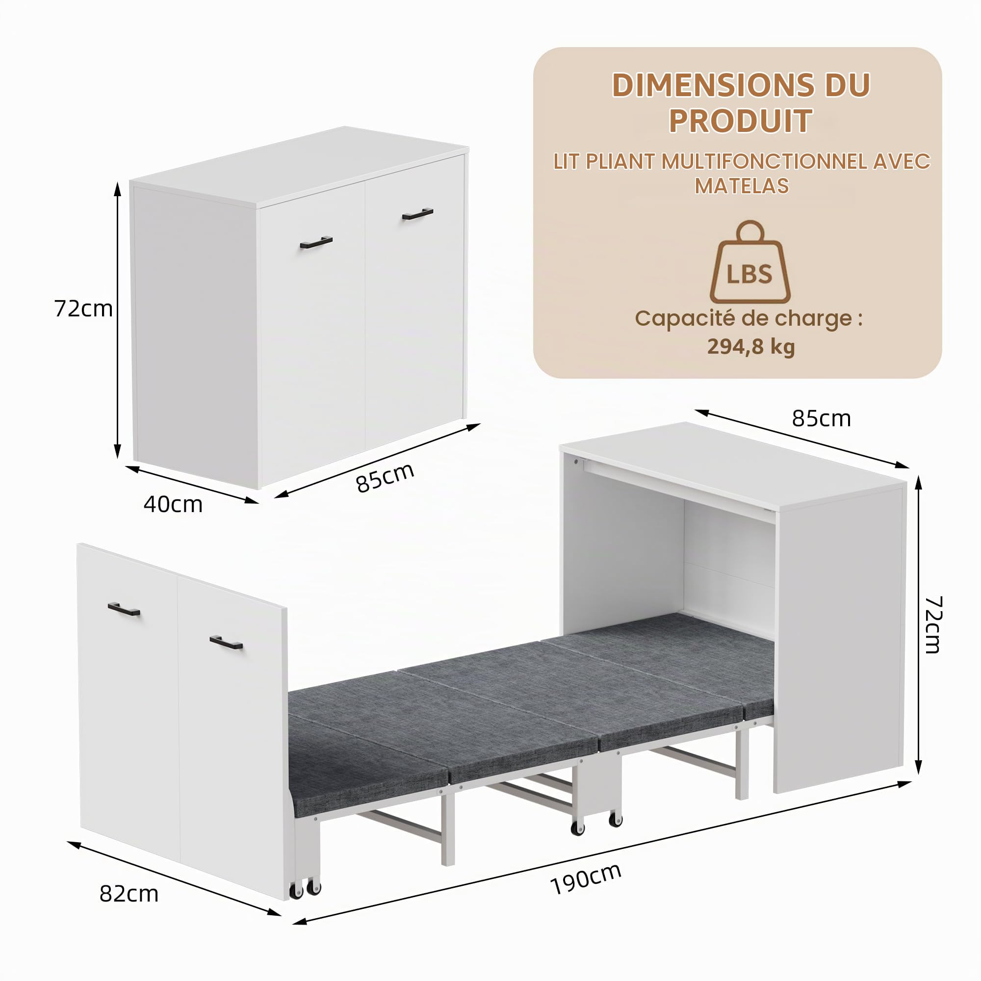 MSFE Lit Armoire 1 Personne,Armoire Verticale Matelas Inclus,Lit d’Appoint Pliant et Portable Multifonction 2 en 1,Gain de Place,Capacité de Charge Allant Jusqu'à 650 Livres,Lit d'armoire, 85x190 cm