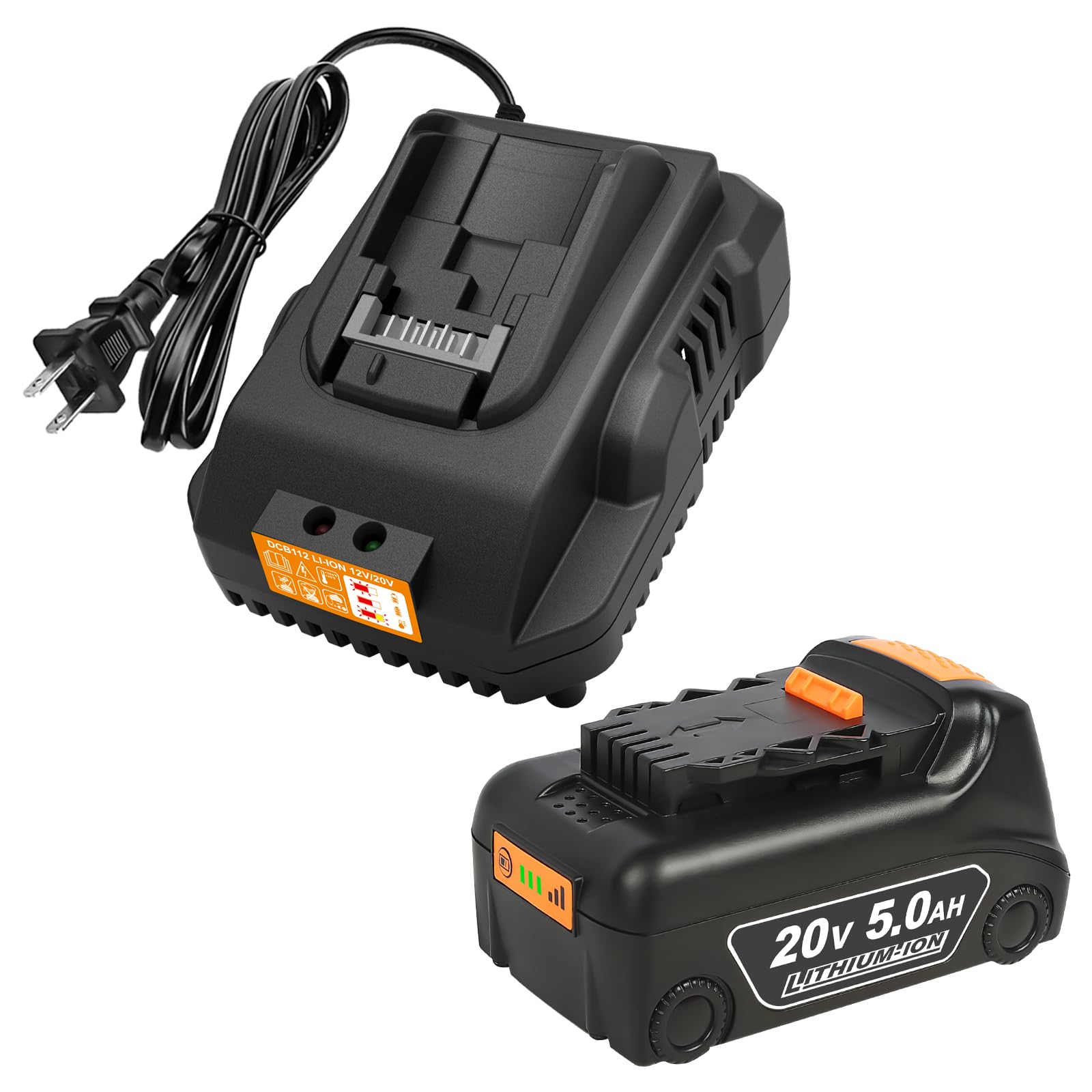 20v Max Battery Replacement for Dewalt Battery 5.0Ah with DCB112 Battery Charger Station for DCB200 DCB120 Black