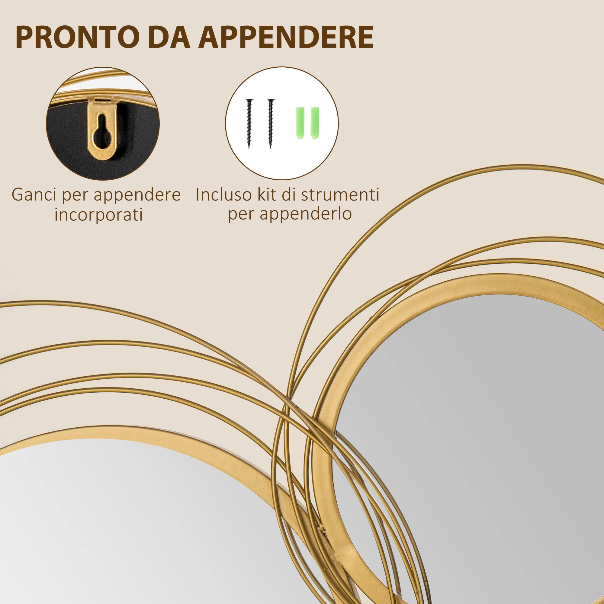 HOMCOM Decorazione Murale 3D in Metallo Wall Art a Cerchi 107x56cm Oro | Con Specchi