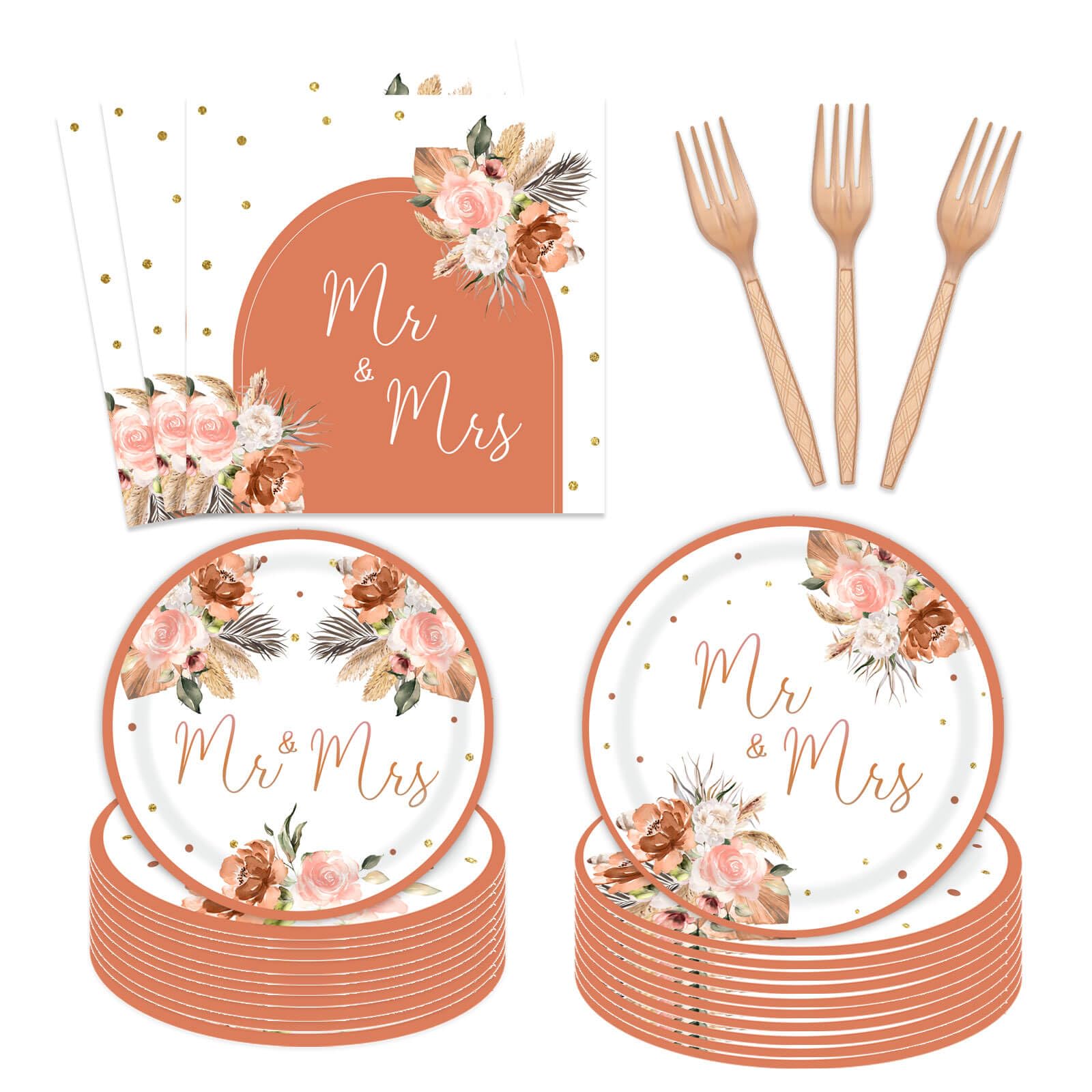 96pcs Bohemian Pampas Wedding Party Supplies Terracotta Rust Floral Wedding Plates Napkins Red Forks Mr. and Mrs. Bridal Shower Paper Dessert Tableware Set for 24 Guests