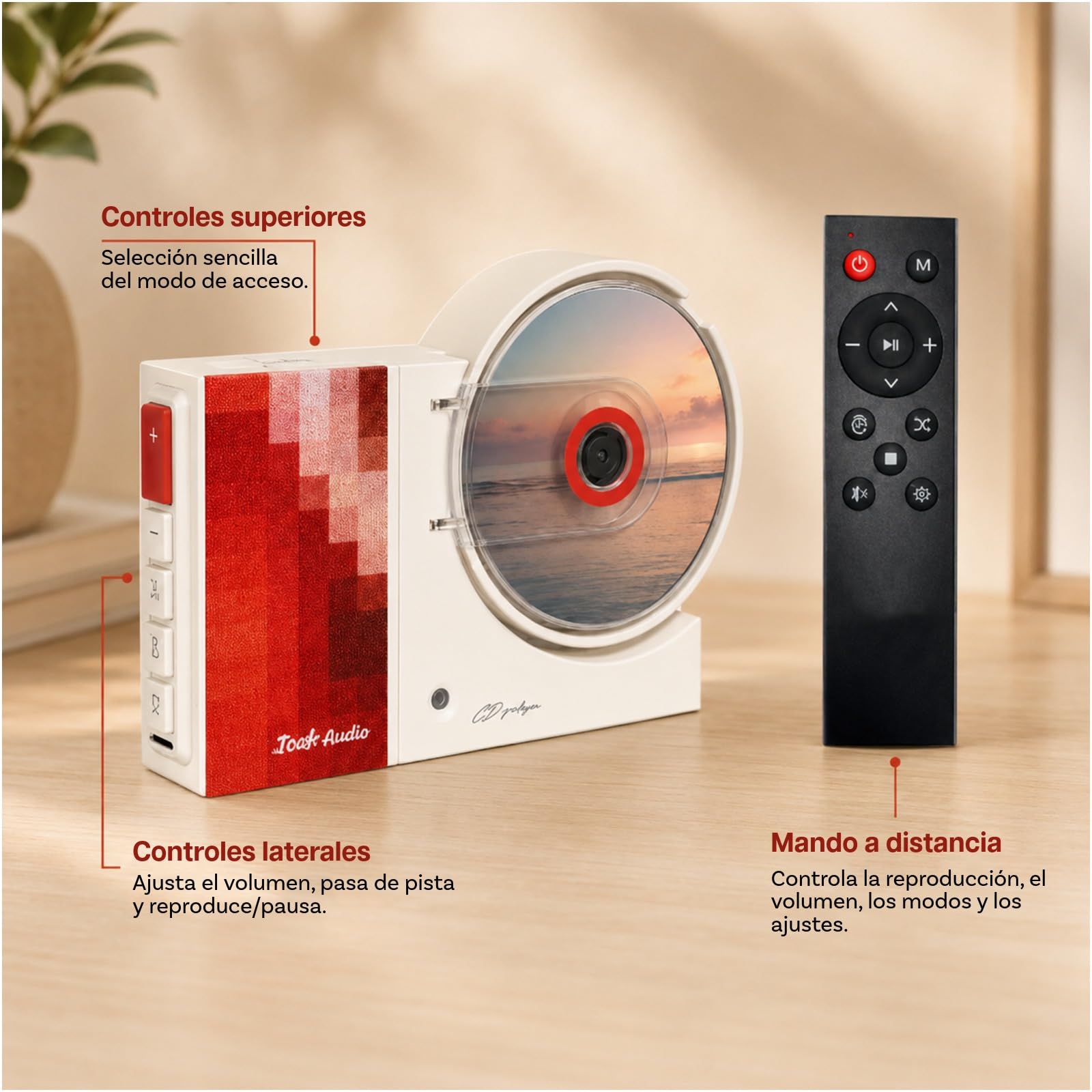 Reproductor de CD Retro, Altavoces Integrados y Emisor Bluetooth de MMOBIEL | Montaje en Pared sin Taladrar, Portátil, Reproducción USB, Salida AUX, Mando a Distancia – 6W Power, 88Hz–20kHz & 4000 mAh