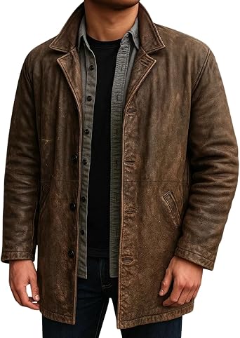 Mens Vintage Supernatural Style Distressed Brown Trench Leather Coat Rugged Winter Fashion Cosplay Outerwear