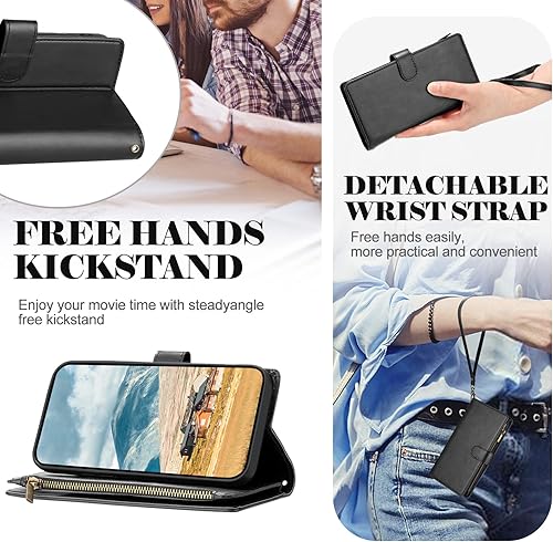 Miniatura 4 de Funda para iPhone 12 Pro Max, con cremallera y tarjetero para mujeres y hombres, funda de piel sintética con correa para la muñeca para iPhone 12