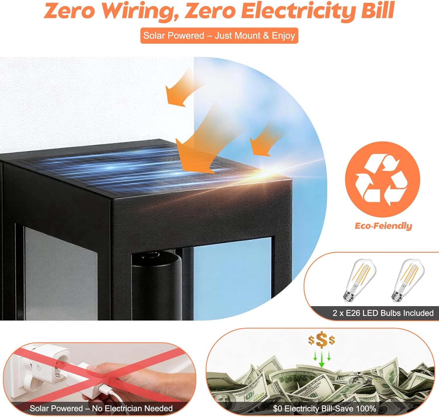2-Pack Solar Wall Lights with Replaceable Bulb, Outdoor Solar-Powered Lantern with Dusk-to-Dawn Sensor, LED Sconce Metal Exterior for Front Porch, Security Lamps for Patio Fence Garage, Bulbs Included