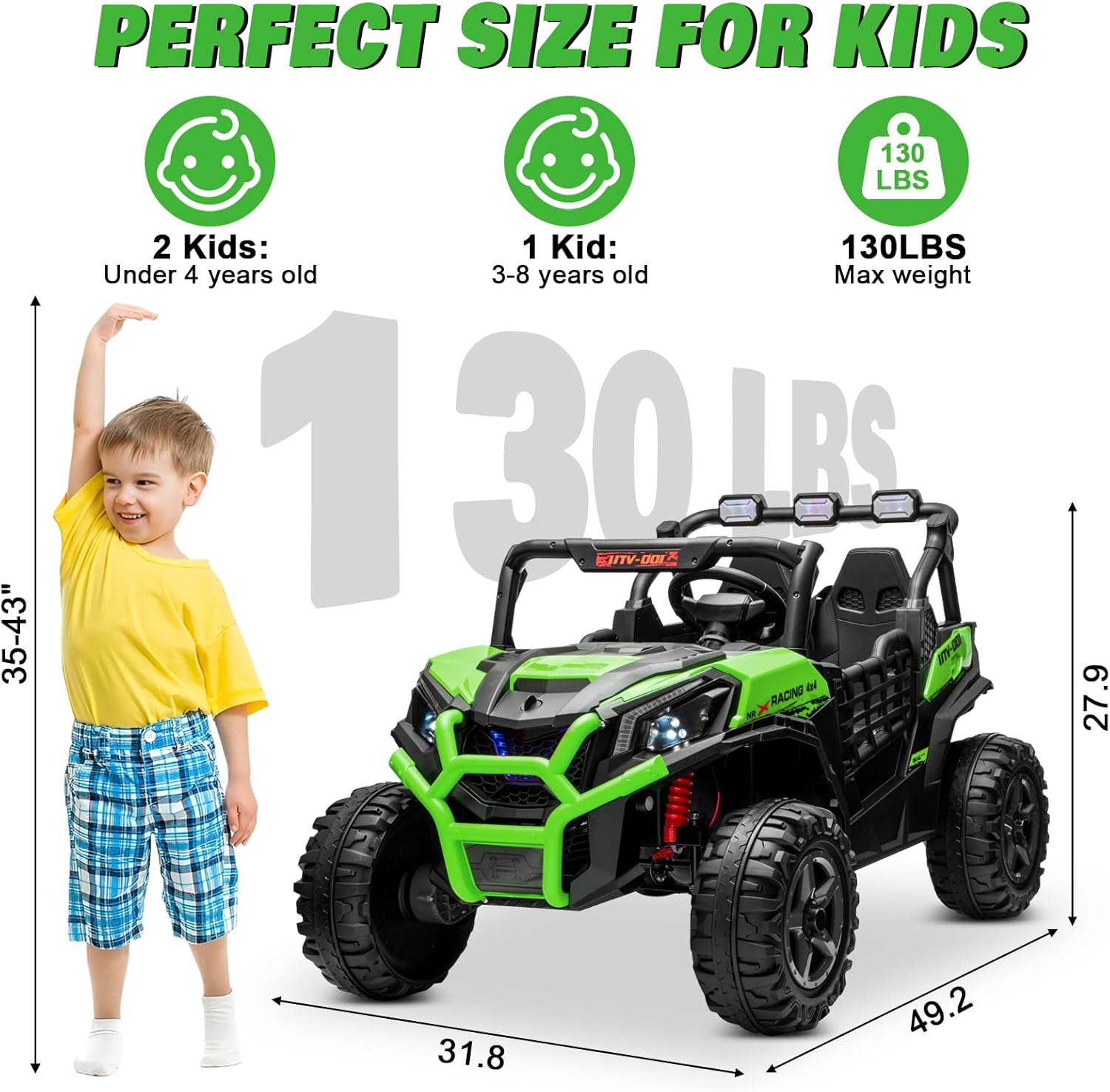 24V 2-Seater Ride On Car Truck w/4x200W, 20" Spacious Seat, 4WD/2WD Switchable, 5 Mph Max Speed, Rainbow Lights, Remote Control, Soft Start, Storage, Electric Car for Kids Ages 3-8, Green