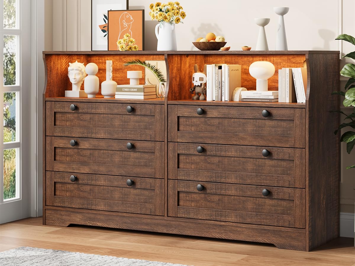 Amazon.com: Brown Dresser Chests of Drawers, Wooden 6 Drawer Dresser for  Bedroom with Led Light, 55" Wide Wood Dresser with Large Capacity Storage,  Storage Dressers Organizer for Closet, Bedroom, Living Room :