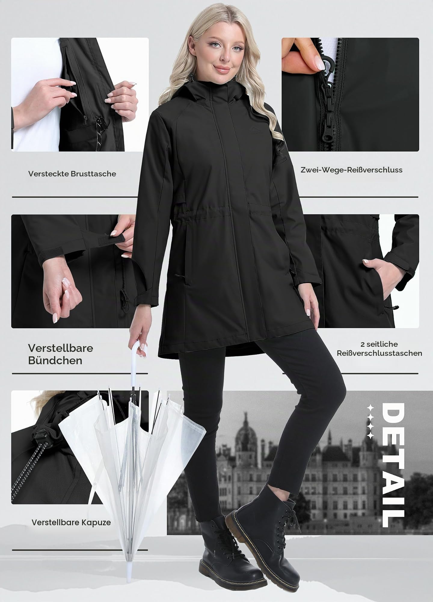 ATLASLAVA Regenmantel Damen Regenjacke wasserdicht Lang mit Kapuze Gefütterte Mantel Windbreaker Leicht Outdoor Jacke S-3XL