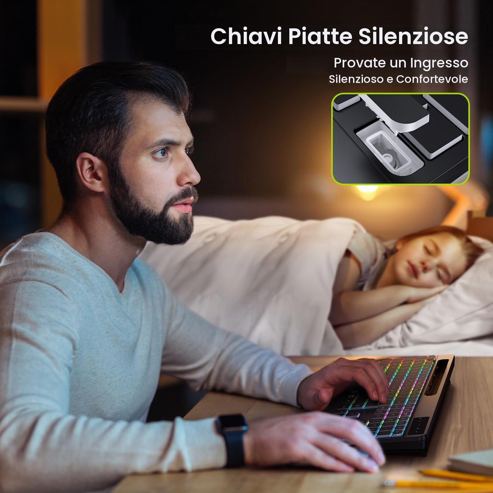 TECURS Tastiera senza fili Retroilluminazione - Tastiera Gamer Poggia Polso Supporto Telefono, Tastiera Computer 2.4G Ergonomico Ricaricabile Silenzioso Tastiera per Windows Mac PC
