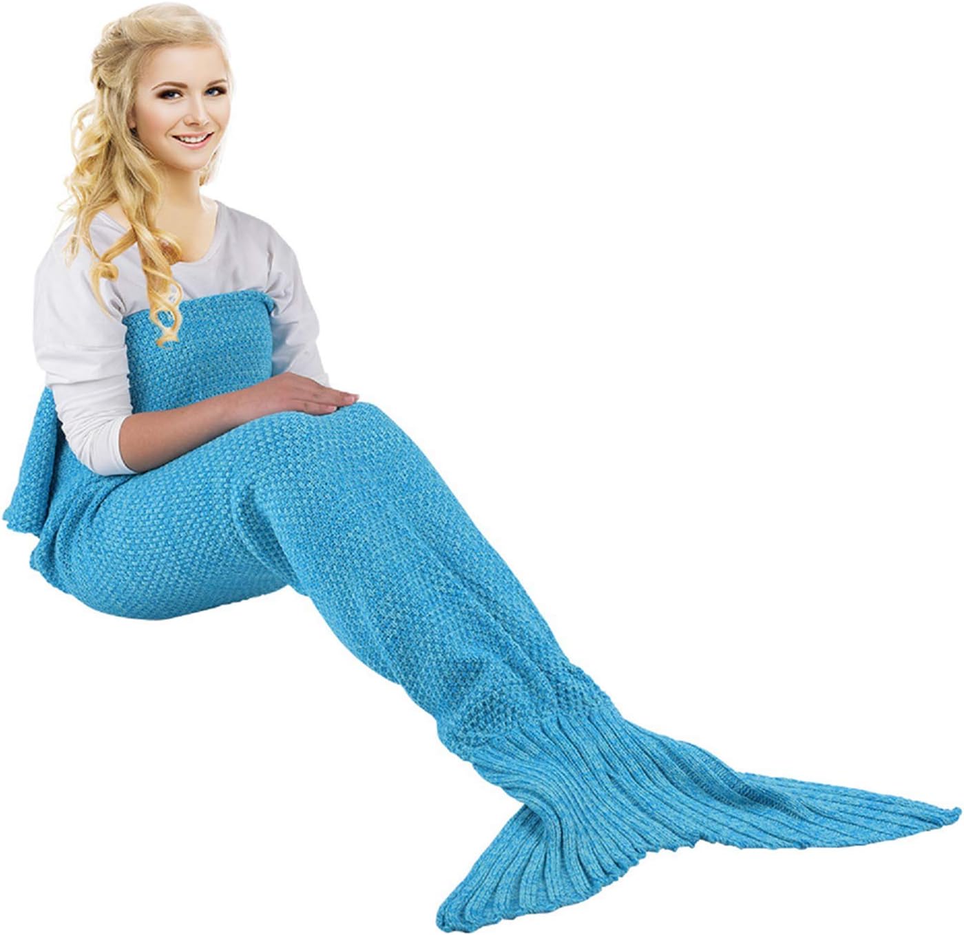 yashidali Wearable Mermaid Tail Blanket Crochet, All Seasons Warm Knitted Bed Blanket Sofa Quilt Living Room Sleeping Bag for Kids and Adults, Classic Pattern, 70.9" x 35.5" (180 x 90cm), Light Blue