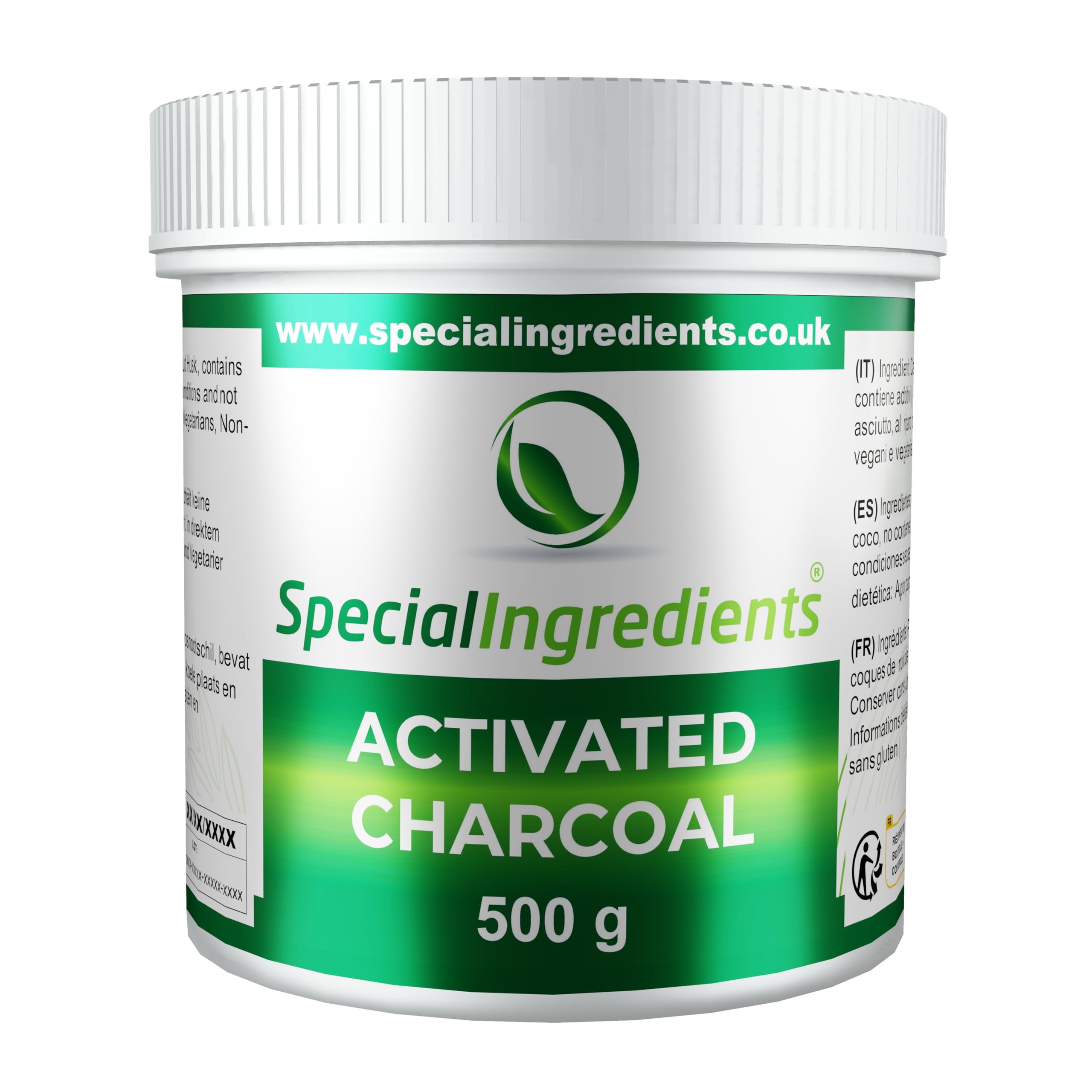 AKTIVKOHLEPULVER 500g HÖCHSTER QUALITÄT ULTRA-FEINES PULVER HERGESTELLT AUS KOKOSNUSS-SCHALE (DEUTSCHE ETIKETTEN UND ANLEITUNGEN)