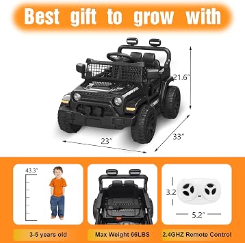 12V Ride on Toys for Kids with Parent Remote Control, Black