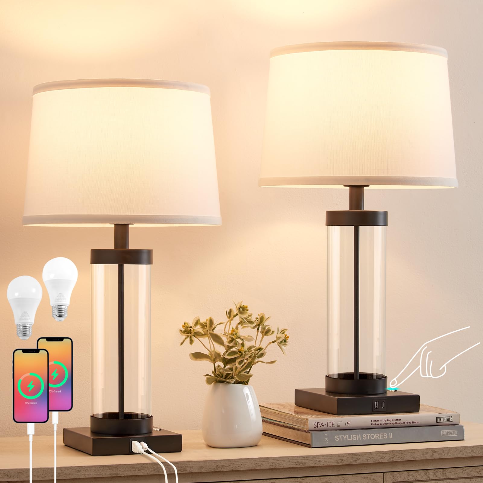 Nightstand Table Lamps for Bedrooms Set of 2 - 3 Way Dimmable Touch Bedside Lamps with USB C+A & Outlets, Black Living Room Lamps with Glass Body for End Tables, Modern Night Stand Lamps for Bedside