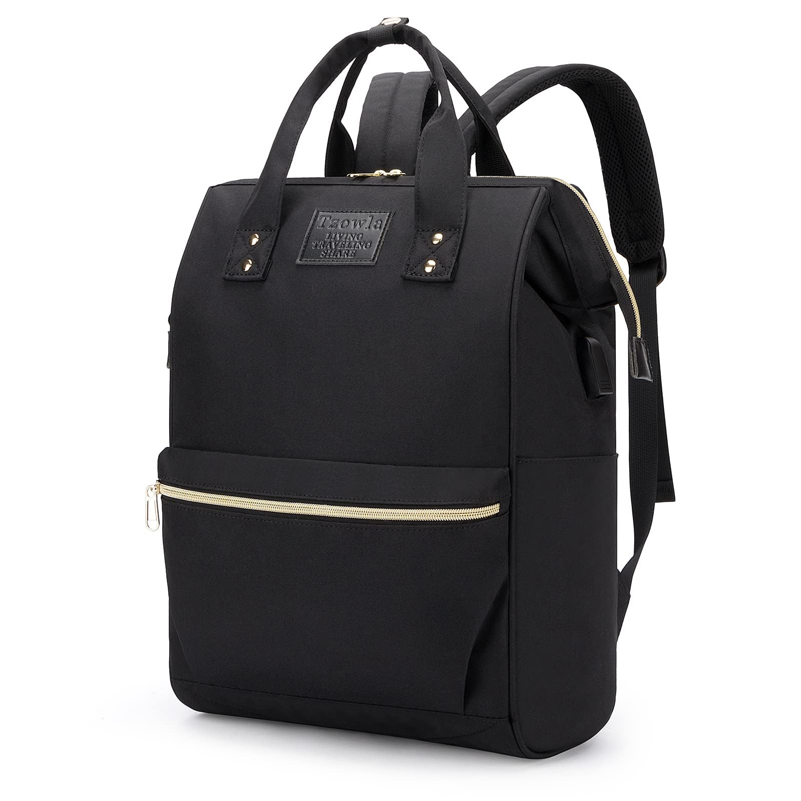 Tzowla Laptop Backpack for Women, Carry on Backpack, Durable Water Resistant, Light Weight, Reinforced Edges and Steel Frame, Metal Zippers, Travel, Black, 15.6 Inch