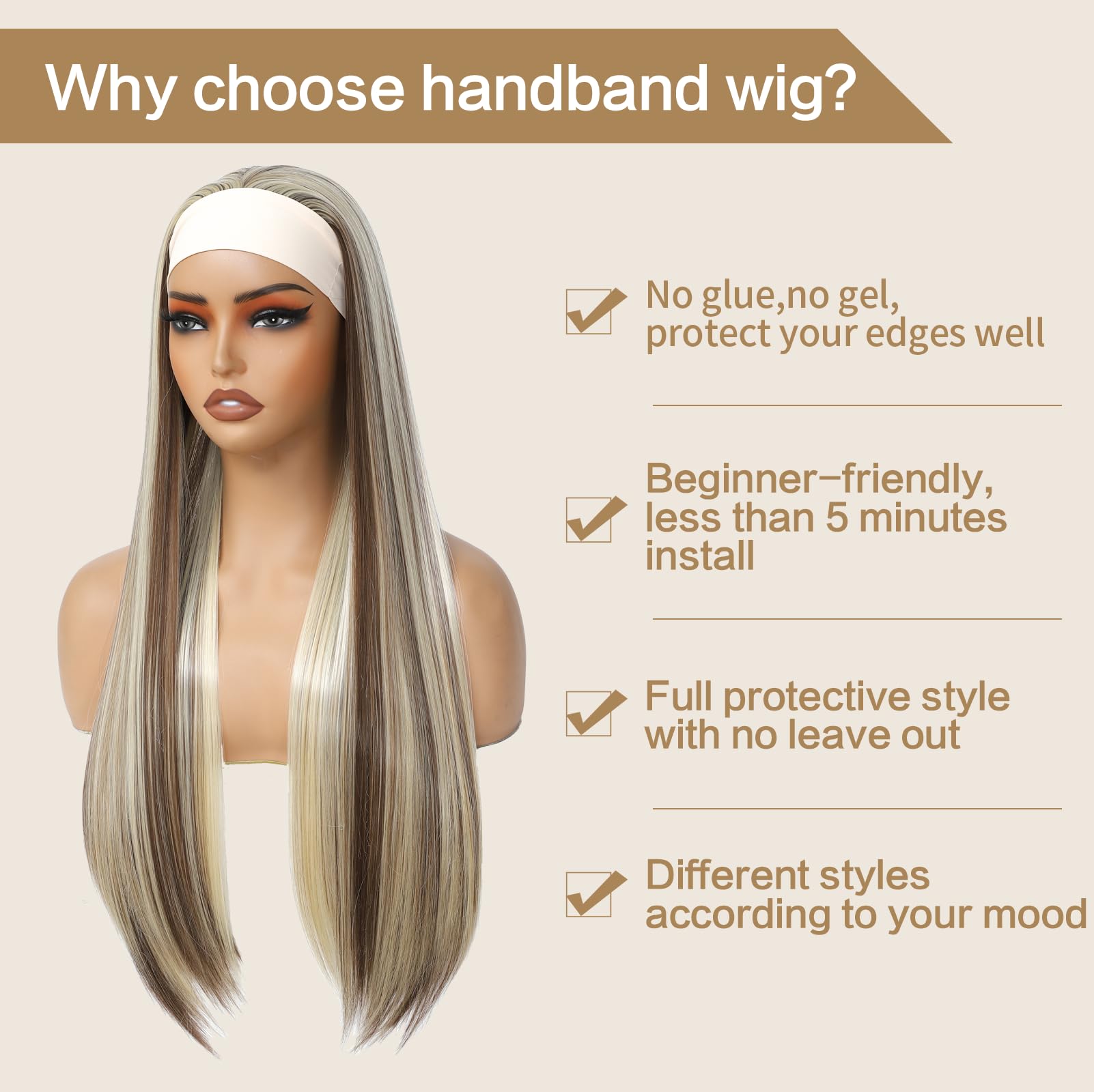 Yacurcur Headband Wigs Silky Straight Hair Glueless Headband Wig None Lace Front Headband Wig Synthetic Straight Hair Headband Wigs for Women 150% Density Blonde with Brown Color 28 Inch - Image 3