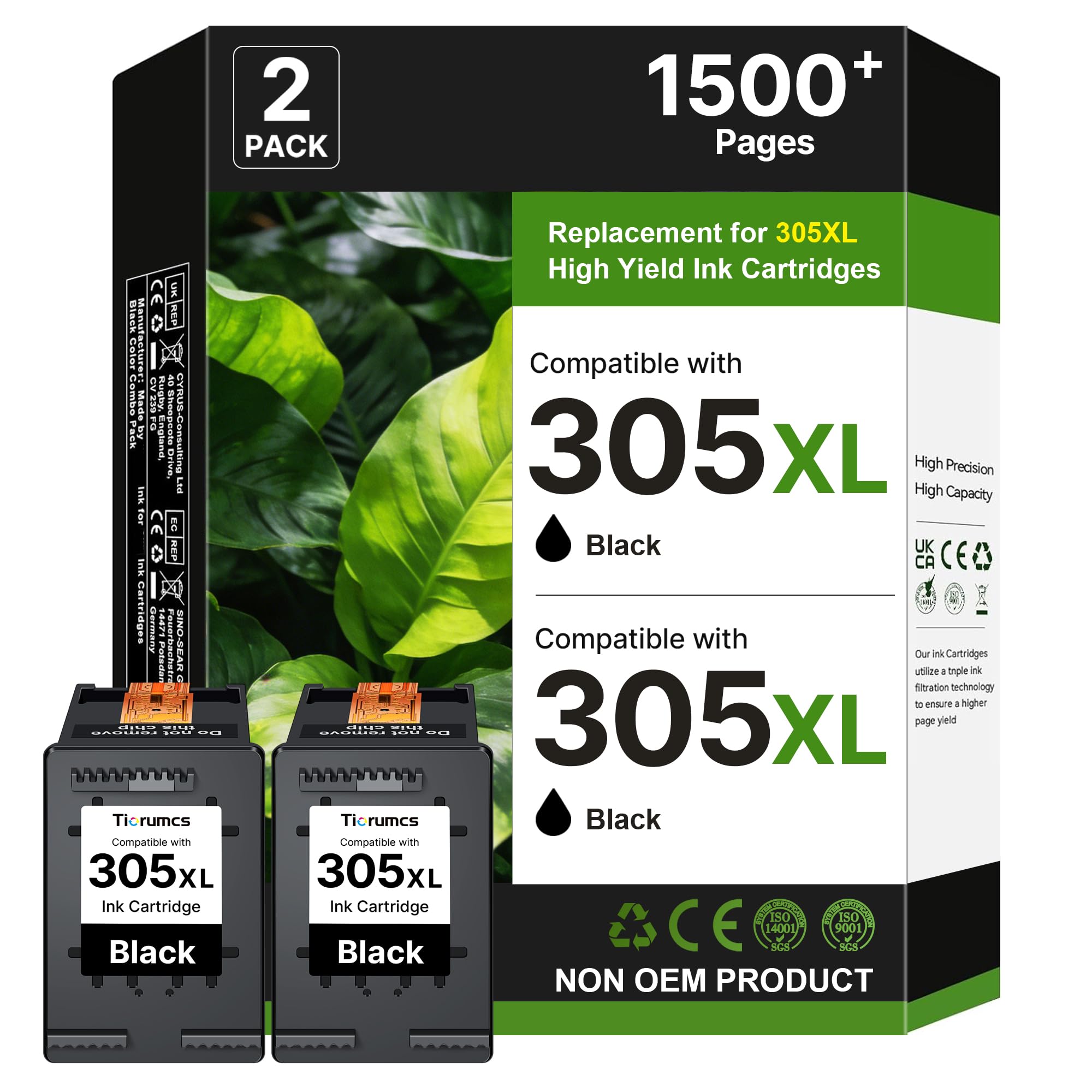 305XL Negro Cartuchos para Tinta HP 305 XL para Deskjet 2710 2720e(2 Negro) | 305 Negro Cartuchos de Tinta Remanufacturado para HP 305 XL para 2820e 2821e 2720e 2721e 4220e Envy 6000 6020e 6030e(2 Negro)