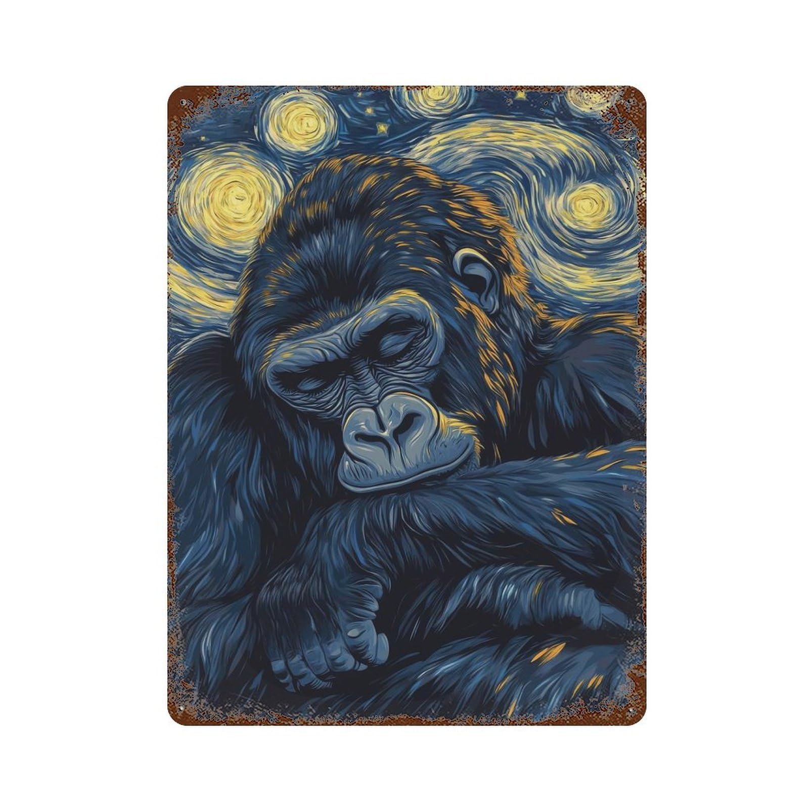 Gorilla Starry Night 15.7"x11.8" Rustic Tin Plaque, Industrial Home Decor for Farmhouse, Kitchen And Entryway Decor