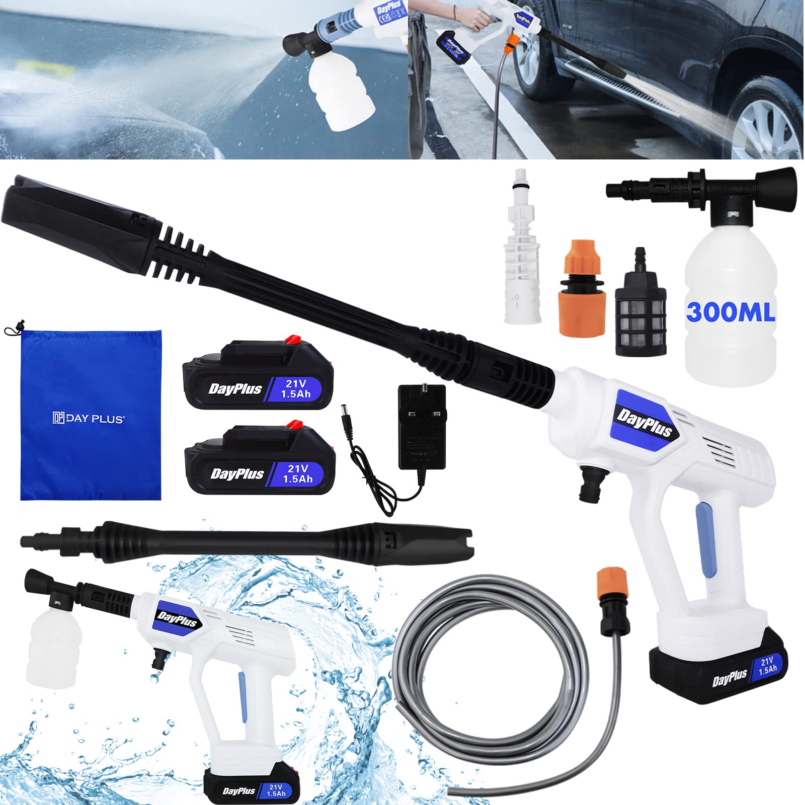 21V Cordless Power Washer Gun with 2 Batteries 1.5Ah, Portable High Pressure Washer Cleaner Gun Cordless Jet Washer with 2 Nozzles and 5M/25CM Hose Kits for Patio Cleaning Car Washing Garden Watering