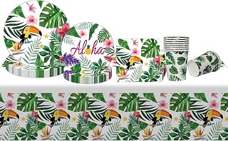 Flunyina Aloha Party Supplies Hawaiian Plates Napkins Party Supplies for 20 Guests 81Pcs Tropical Luau Party Disposable Dinnerware Palm Leaves Cups Toucan Flowers Tablecloth for Cocktail Party Wedding