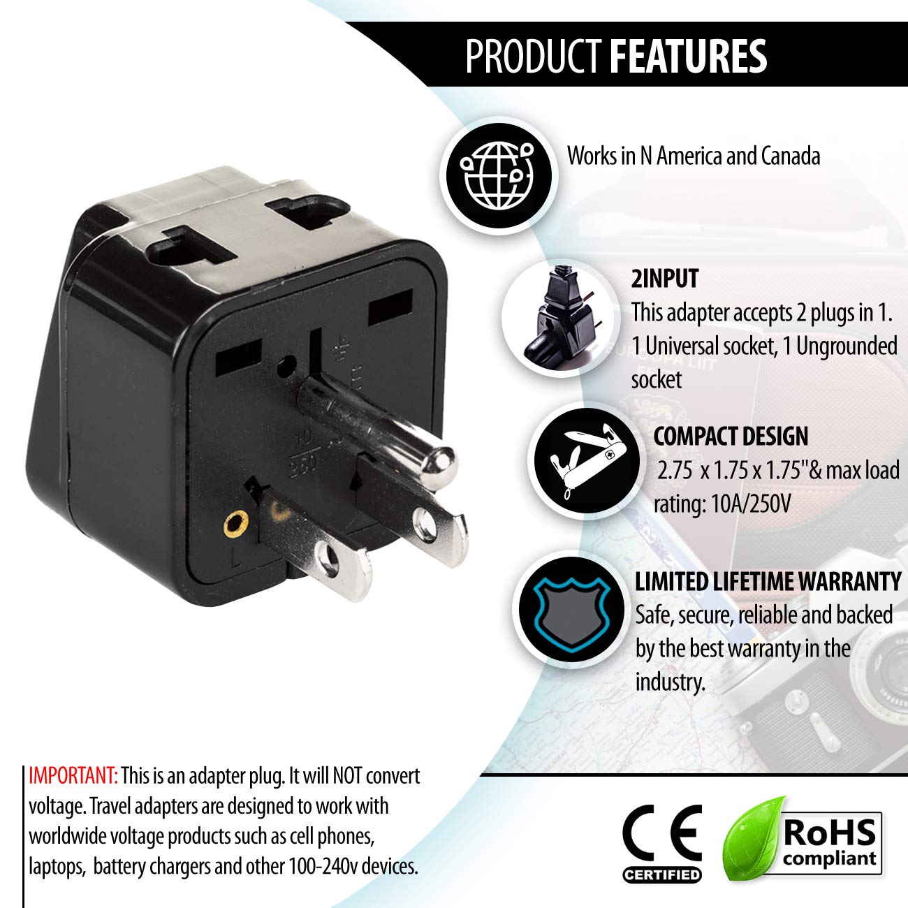 USA, Canada Adapter Plug by OREI, Europe, UK, China to US American