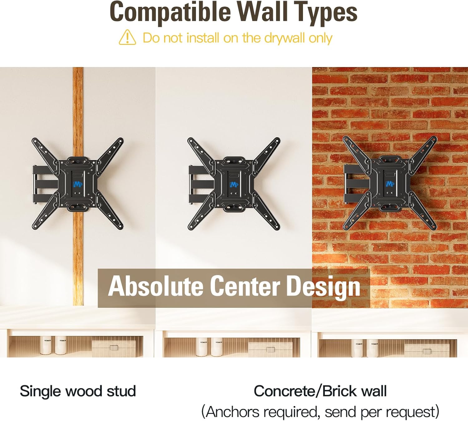 Illustrations of compatible wall types: single wood stud and concrete/brick wall. Drywall-only installation is explicitly warned against.
