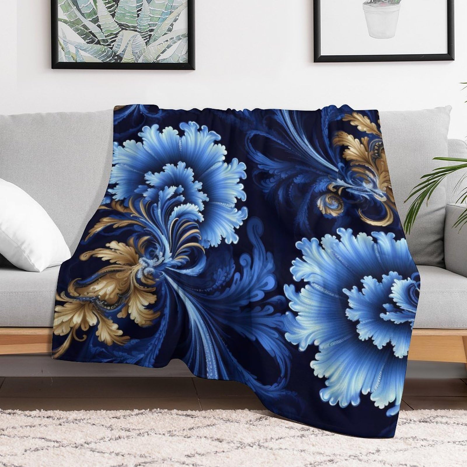 Couverture polaire en flanelle haut de gamme bleu classique pour lit douillet