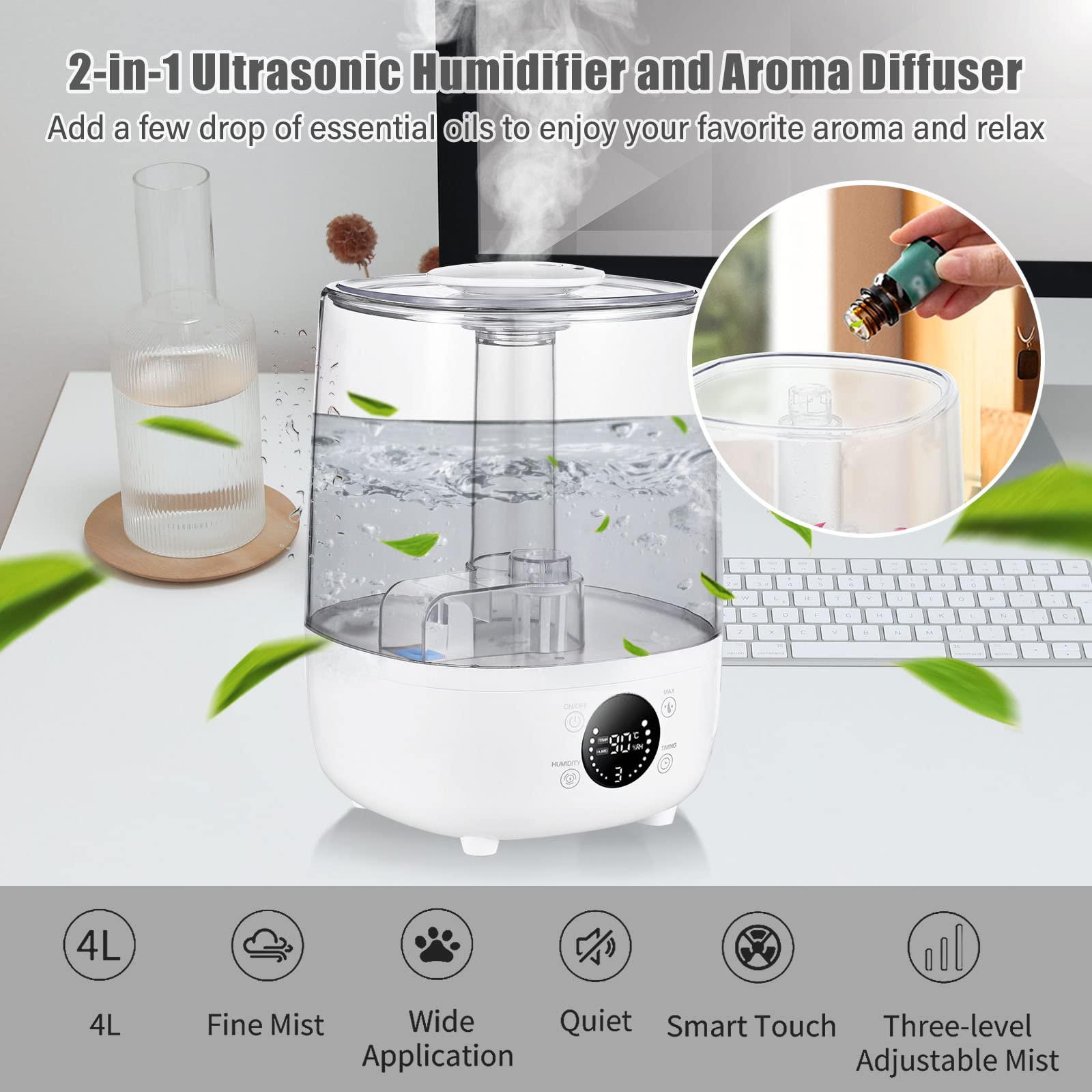 Umidificatori d'aria 4L per camera da letto Umidificatori d'aria ad ultrasuoni Diffusore di aromi Pulsanti di controllo touch con display LCD Telecomando Ugello tubo extra lungo Minuteri